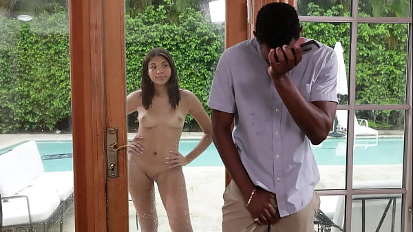 Horny stepdad watches his black stepdaughter masturbating by the pool